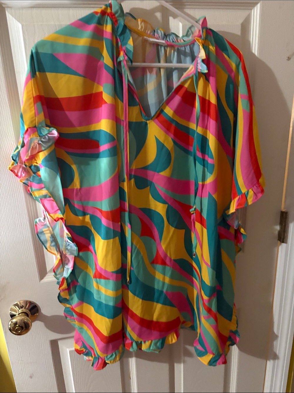 entro Teal Pink Yellow Striped Ruffle-Sleeve Tunic